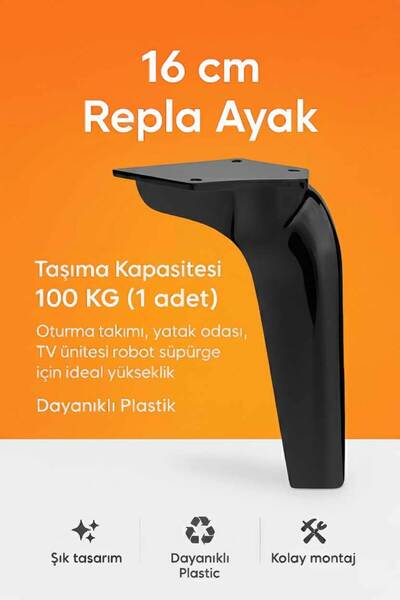 İMT AKSESUAR Repla Mobilya Kanepe Tv Ünitesi Koltuk ve Konsol Ayağı 16 cm Siyah