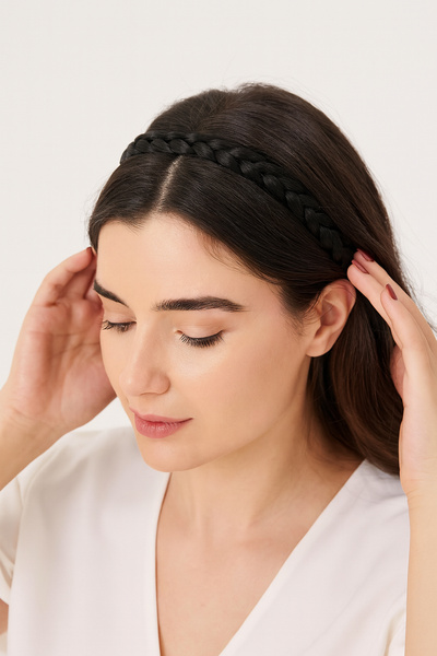 BiWini Siyah Saç Örgülü Bandana Lastikli Saç Bandı Kadın Saç Aksesuarı