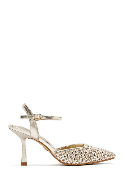 Derimod Γυναικεία χρυσά παπούτσια με λεπτό τακούνι με πλεκτή αγκράφα 25SFE493214