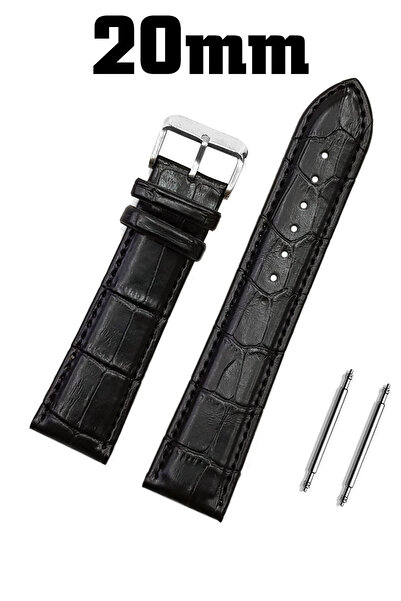 Saatse سوار ساعة تمساح أسود مقاس 20 ملم مضاد للحساسية