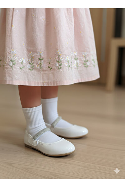 patik ayakkabı Girl's White Stone-Set Orthopedic Ballerinas with Ribbon