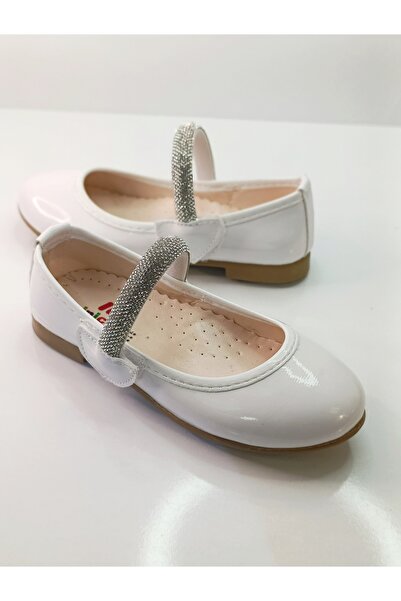patik ayakkabı Girl's White Stone-Set Orthopedic Ballerinas with Ribbon