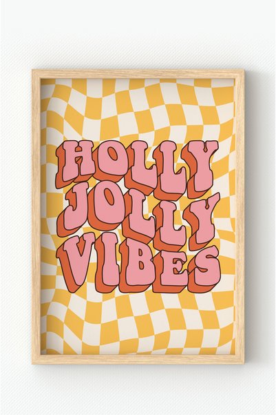 MIOVI Çerçeveli Retro Poster – Holly Jolly Vibes Yazılı Renkli Tablo, Dekorat...