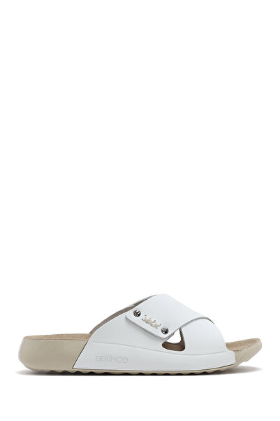 Derimod Γυναικείες Παντόφλες Comfort Δερμάτινες Λευκές 25SFD501018