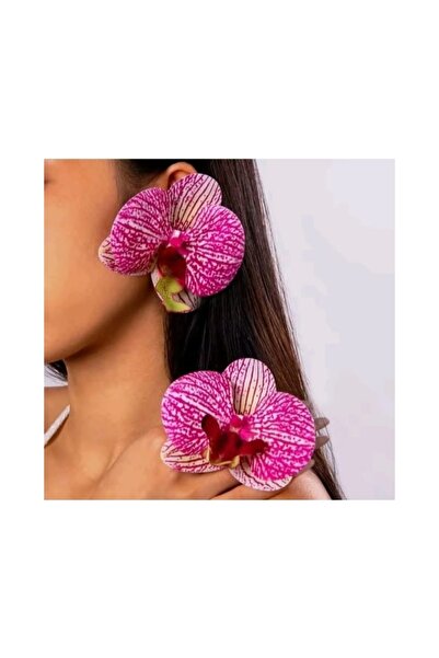 QERMA Korean Kore Tarzı Orkide Küpe Zr Küpe Büyük Pembe Desenli Çiçek Küpe Çiçekli Küpe