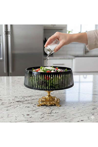 AKDEN STORE وعاء زجاجي أسود مزخرف بالكريستال، وعاء سلطة، وعاء تقديم، وعاء فواكه