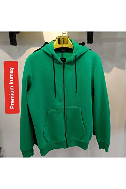 beranka 3 İplik Ş Fleece-Lined Full-Fleece Lined Zippered Hooded Green Sweats...