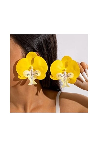 QERMA Kore Tarzı Orkide Küpe Zra Küpe Büyük Sarı Çiçek Küpe Çiçekli Küpe