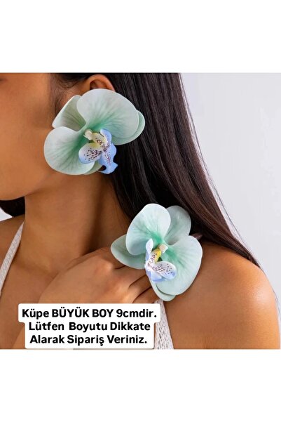 QERMA Korean Kore Tarzı Orkide Küpe Zr Küpe Büyük Turkuaz Çiçek Küpe Çiçekli ...