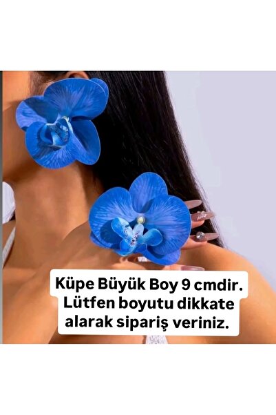 QERMA Kore Tarzı Orkide Küpe Zr Küpe Büyük Koyu Mavi Çiçek Küpe Çiçekli Küpe