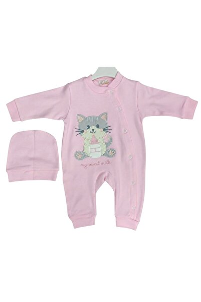GİRL EMELY Baby Jumpsuit with Hat 100% Cotton Cat Embroidered Solid Color
