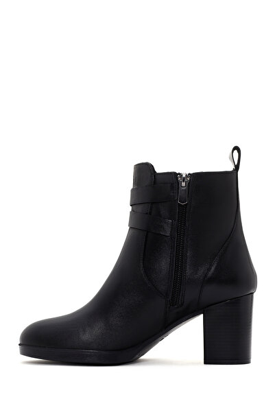 Derimod Black Leather Zippered Thick Heel Boots - 24Wfd 413118