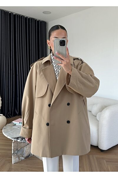 Lovely butik KADIN PELERİN DETAYLI DÖRT DÜĞMELİ KUŞAKLI KISA TRENÇ