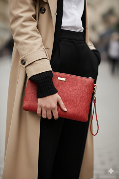 Bagfoni Hand Strap Clutch Bag with Red Metal Accessories