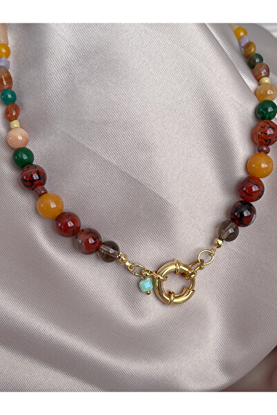 SOFT Özel Tasarım Renkli Doğal Taş ve Kristal Cam Boncuklu Kolye Çelik Gemici Kilitli