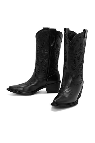 Derimod Black Leather Women's Cowboy Boots - 24Wfd 186918