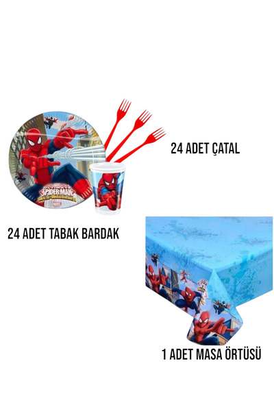 Zayna's Spiderman 24 Person Party Set - Birthday Party Material Plate Cup Fork Tablecloth