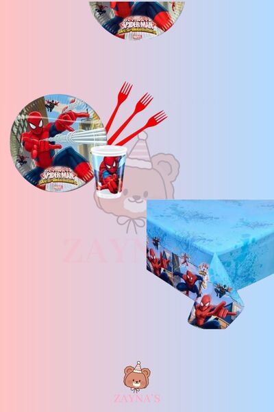 Zayna's Spiderman 32 Person Party Set - Birthday Party Material Plate Cup Fork Tablecloth