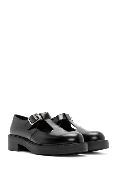 Derimod Black Leather Banded Women's Masculine Shoes - 24Wfd 141522
