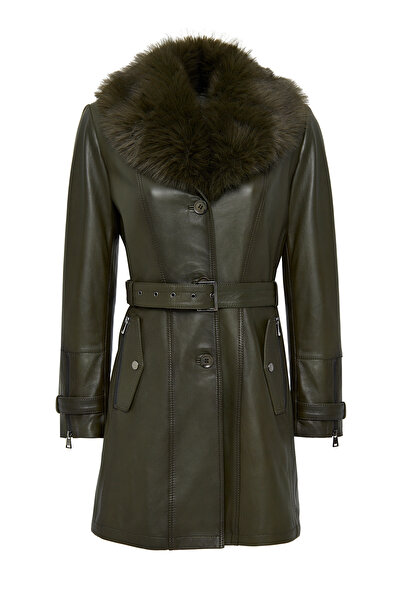 Derimod Rhoda Women's Khaki Collar Sheepskin Leather Coat with Belt Detail 24...