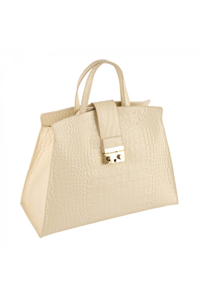 AZZURA Geanta Amira din piele 100% naturala cu textura croco crem 8222