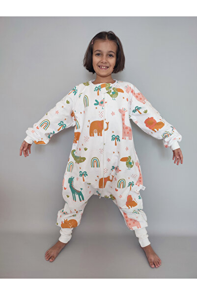 RUKİYE YAVUZ Pamuk Pazen Kollu Çocuk Uyku Tulumu %100 Pamuk Çift Kat Pazen 20-24 Derece 1 Tog Geniş ve Uzun Kalıp Zürafa