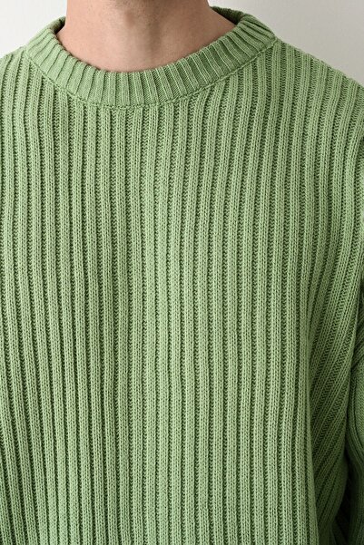 İLKCET MODA Men's Oversize Green Thick Ribbed Sweater