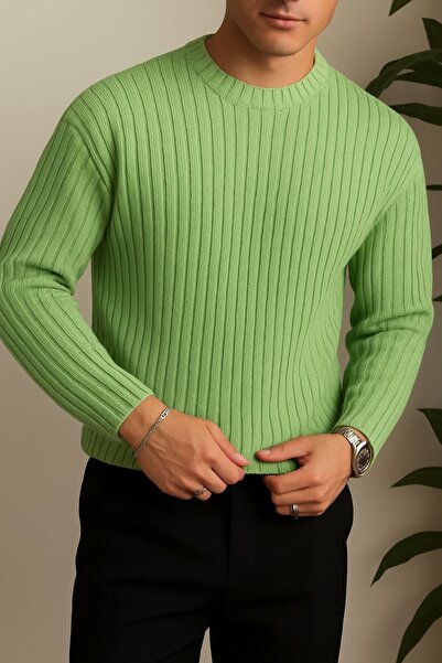 İLKCET MODA Ανδρικό πουλόβερ με χοντρό πράσινο ριγέ σχέδιο