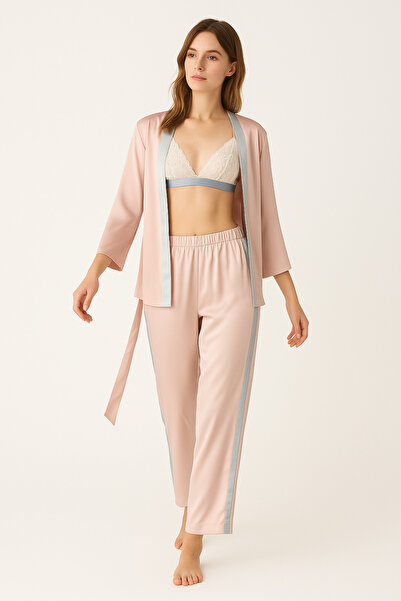 cherry queen Kadın Premium Saten Sabahlık ve Pijama Takımı – Pudra Pembe, Dantelli Braletli 3’lü Set
