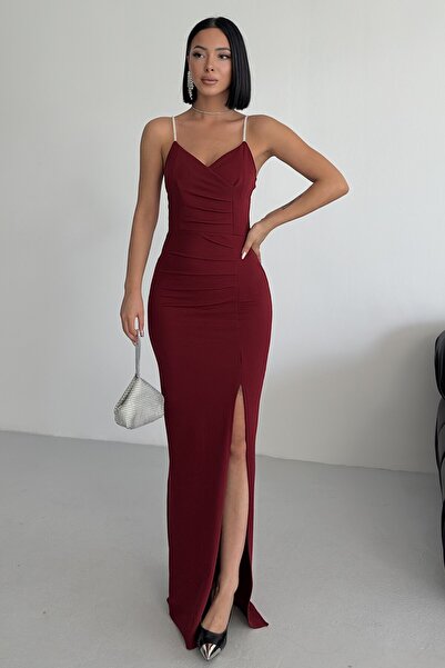 ALFUDO Moda Collection Scuba Kumaş Askı Taş Detay Ince Askılı Yırtmaçlı Abiye Elbise Bordo