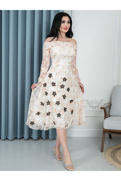 Nice Model Off-Shoulder Floral Midi Dress Long Sleeve Evening Cocktail Party ...