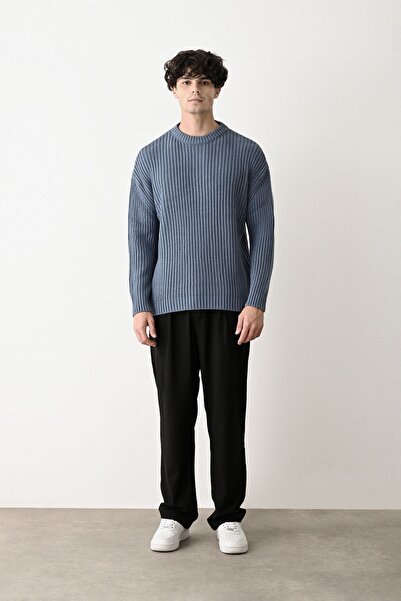 İLKCET MODA Чоловічий оверсайз-светр з товстими ребрами кольору індиго