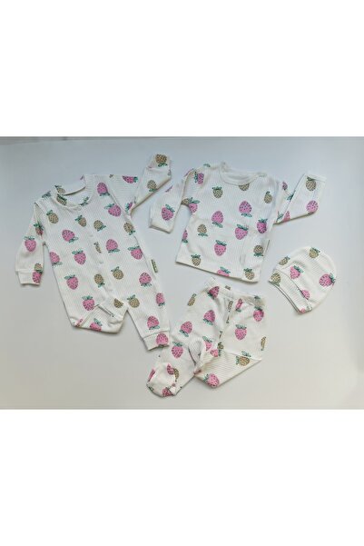 Vivolas Newborn Strawberry Patterned Romper and 3-Piece Set - (with Gloves, Booties, Hat) 0-3 Months