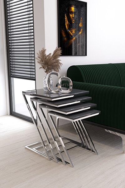 ysnn aksesuar 4’lü Zigon Sehpa TAKIMI GÜMÜŞ KAPLAMA ANTRASİT MEBRAN MDF , Sal...