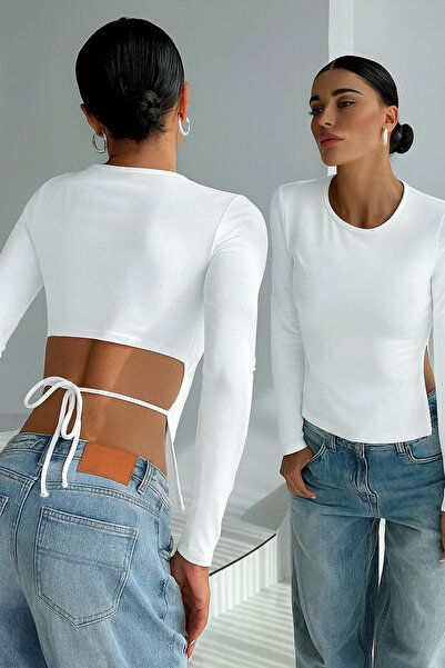 Marin Star White Long Sleeve Backless Crop Blouse with Rope Detail, Tie Back White Blouse Top with Low Back Cutout