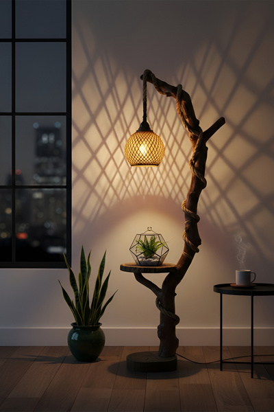 Celestia Sehpalı Doğal Ağaç Ayaklı Lambader Ahşap El Yapımı Rustik İskandinav Model Modern Avize Aydınlatma