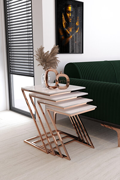 ysnn aksesuar 4’lü Zigon SehpaTAKIMI BAKIR KAPLAMA BEYAZ MEBRAN MDF Salon ve Oturma Odası zigon