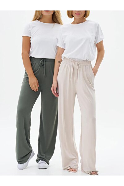 Mood Elite Pantaloni cu textura modal cu picioare largi - crem