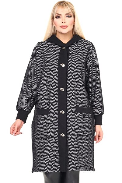 Kheos Hooded Long Sleeve Plaid Striped Double Pocket Buttoned Comfortable Fit Soft Midi Length Knitwear Fabric Cardigan