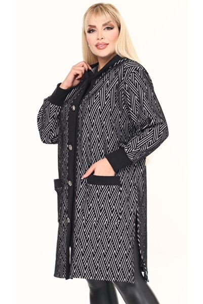 Kheos Hooded Long Sleeve Plaid Striped Double Pocket Buttoned Comfortable Fit Soft Midi Length Knitwear Fabric Cardigan