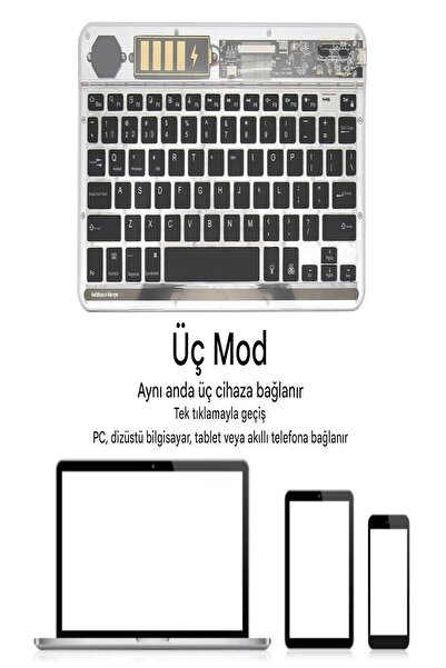 ULTRATEKNO ZR612 Taşınabilir Ultra İnce iPad Tablet Laptop Uyumlu RGB Işıklı Şeffaf Bluetooth Klavye