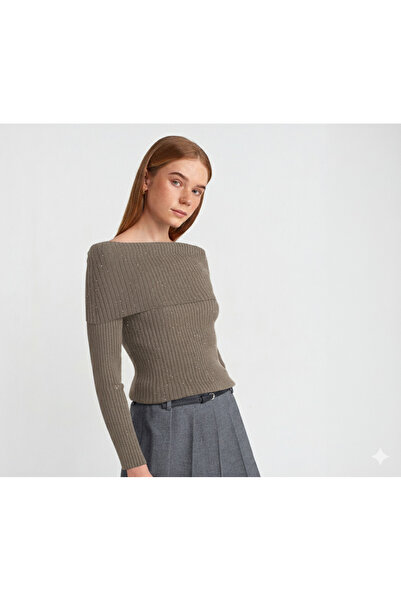 Dilvin 10705 Πλεκτό πουλόβερ με γιακά Bardot με παγιέτες