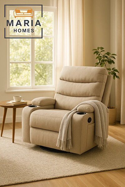 MARIA HOMES كرسي دوار متحرك باللون البيج مع حاملات أكواب