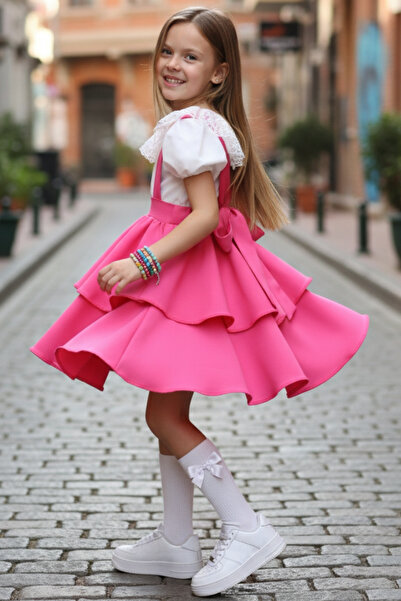 Parla Kids Girl Helen Pink Ecru Lace Short Sleeve Blouse and Evening Dress Set - October 29 Dress