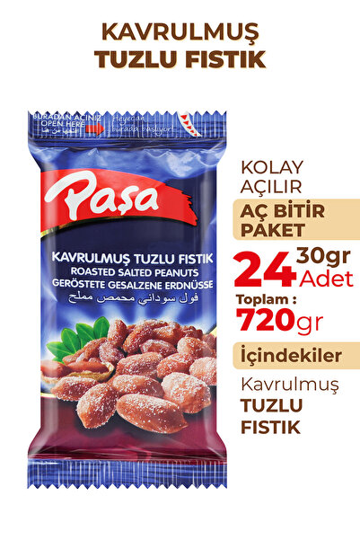 Paşa Kuruyemiş Kabuklu Kavrulmuş Tuzlu Fıstık 720 gr (24x30 gr), Tuzlu Yer Fıstığı