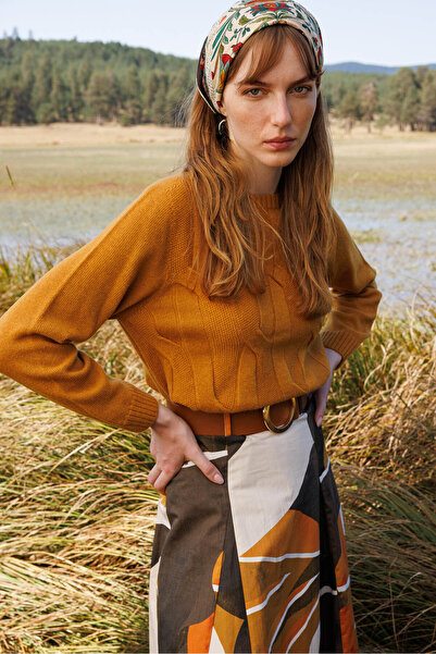 Desen Triko Women's Crew Neck Thick Walking Wool Sweater Mustard