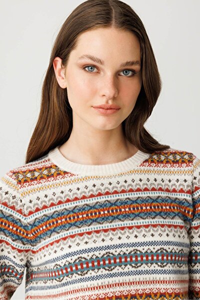 Desen Triko Γυναικείο Ολόκληρο Μάλλινο Πουλόβερ Ζακάρ με λαιμόκοψη