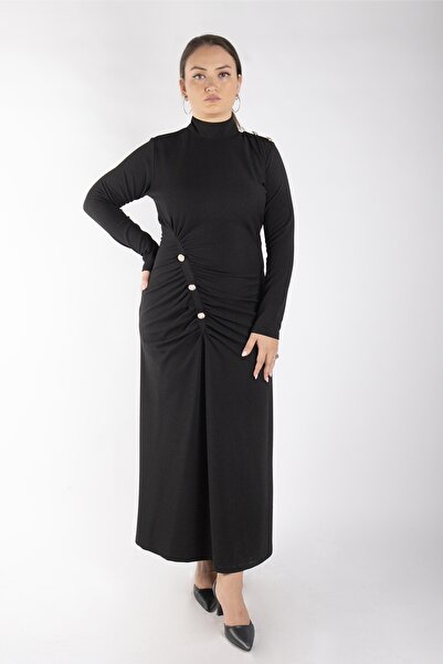 Bedrinxxl Kadın Büyük Beden Siyah Dik Yaka Drapeli Düğme Detaylı Uzun Elbise Uzun Kollu Esnek Şık