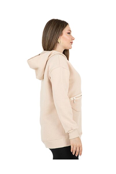 Sortie Women's Pocket Zippered Hooded Three Thread Ş Fleece-Lined Mink Color Sweatshirt