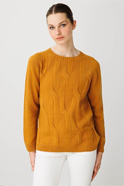 Desen Triko Women's Crew Neck Thick Walking Wool Sweater Mustard